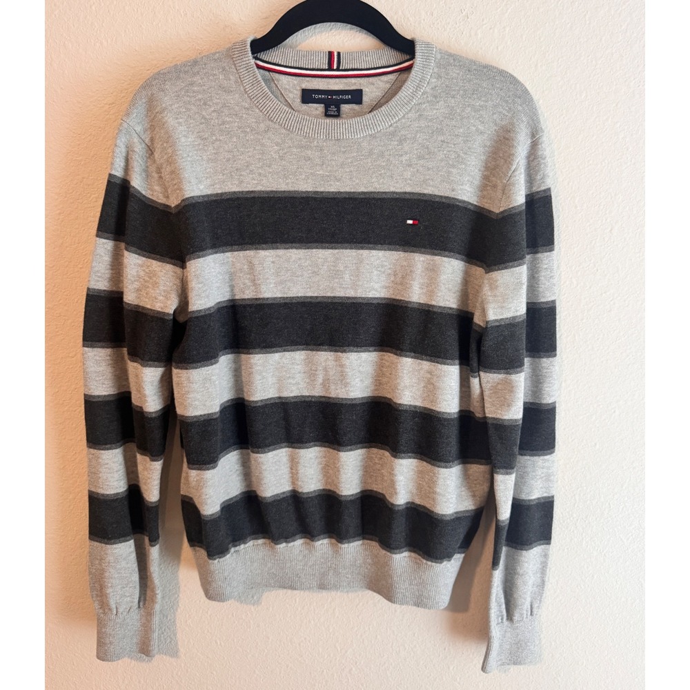 Tommy Hilfiger Mens XS Gray Striped Crewneck Sweater Embroidered Flag Logo